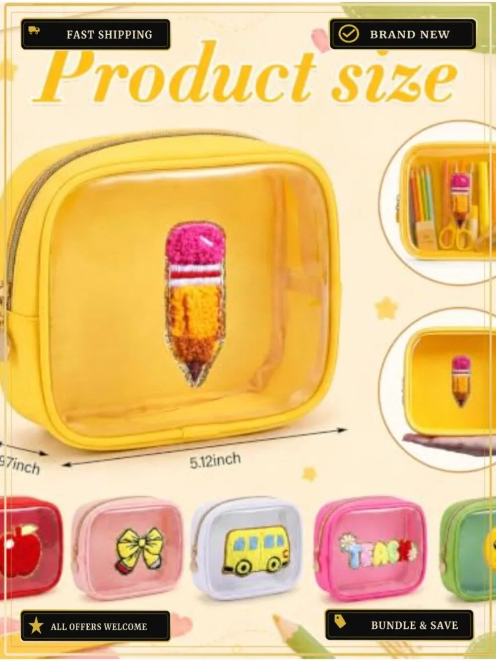 Set of 6 Waterproof PVC Pencil Cases with Zipper - Back to School Gift for
